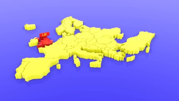 Trójwymiarowa Mapa Europy Kolorze Żółtym Skupiona Wielkiej Brytanii Kolorze Czerwonym — Wideo stockowe