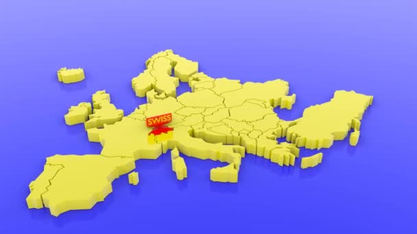 Mapa Renderizado Europa Focado Suíça Com Adesivo Mapa Ilustração Renderizada — Vídeo de Stock