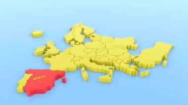Avrupa 'nın 3 boyutlu animasyon haritası. Üzerinde harita etiketi olan İspanya' ya odaklı. 3 Boyutlu resimleme.