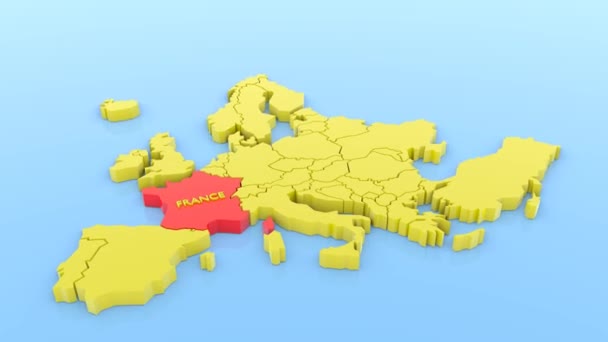 3D animovaná vykreslená mapa Evropy, zaměřená na Francii s mapovým štítkem. 3D vykreslená ilustrace.