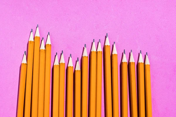 Pencils: pattern of orange pencils from above on pink background. Office and school concept