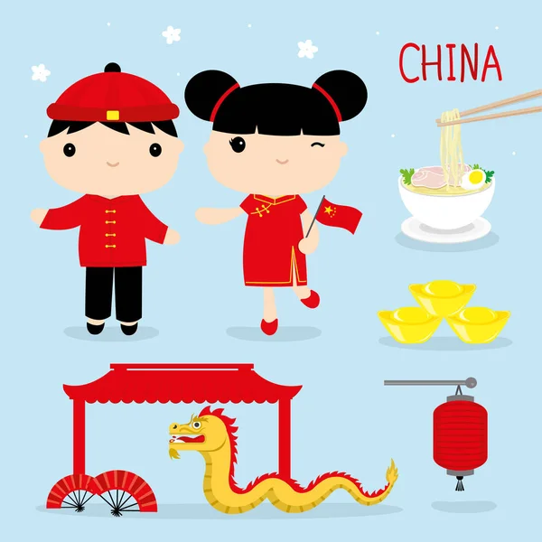 China Tradição Alimentos Lugar Viagem Ásia Mascote Menino Menina Cartoon — Vetor de Stock