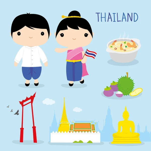 Tailandia Tradición Alimentos Lugar Viajes Asia Mascota Niño Niña Dibujos — Archivo Imágenes Vectoriales