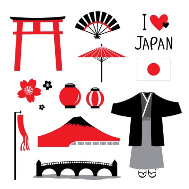 Japonya düz simgeleri tasarım seyahat Set kırmızı ve siyah koleksiyonu vektör