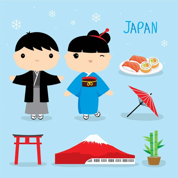日本传统美食之旅亚洲吉祥物男孩和女孩卡通元素矢量 — 图库矢量图片