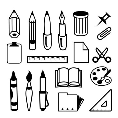 Geri okul ve Ofis Kırtasiye Nesne simge kümesi siyah vektör