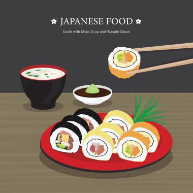 Geleneksel Japon yemekleri, Miso Çorbası ve Wasabi soslu suşi. Çizgi film Vektör illüstrasyonu 