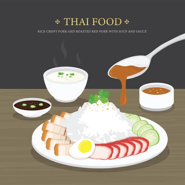 Ensemble Plats Thaïlandais Traditionnels Porc Croustillant Riz Porc Rouge Rôti — Image vectorielle