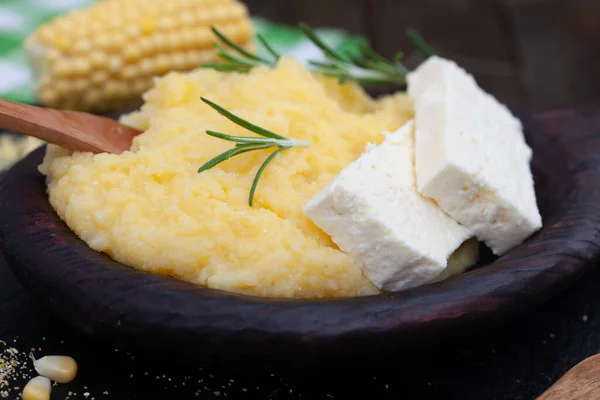 Porridge Mamaliga Polenta Fatto Farina Mais Gialla Palenta Fatta Casa — Foto Stock