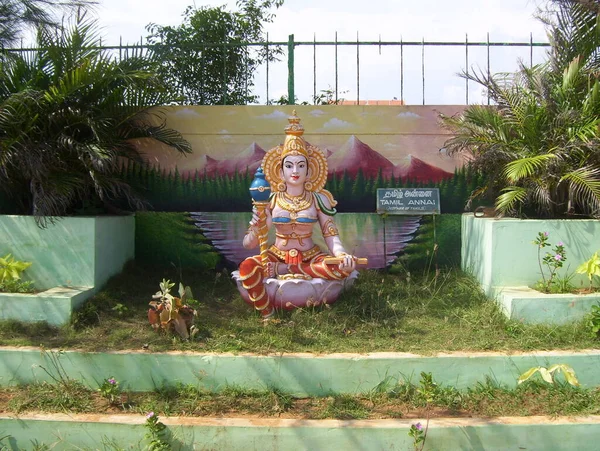 Kolorowy Kamienny Posąg Bogini Tamilskiej Annai Siedzącej Bagnistym Kwiecie Lotosu — Zdjęcie stockowe
