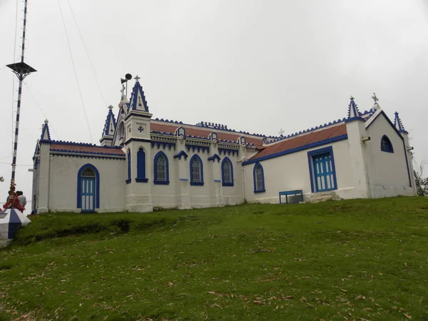 Fog Mist Covered White Blue Color French Saleth Church Shrine — Stock Photo, Image