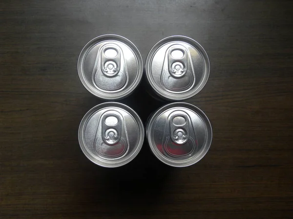 Top View Beverage Drink Cans Kept Wooden Table — Stock Photo, Image