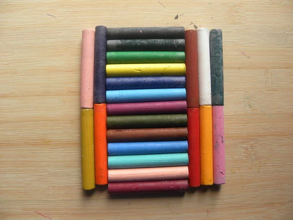 Many Colorful Oil Pastel Sticks Kept Wooden Table — Stock Photo, Image