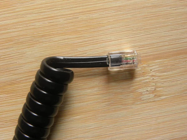 Zwarte Kleur Spiraal Vaste Lijn Telefoon Handset Connector Kabel Aansluiting — Stockfoto