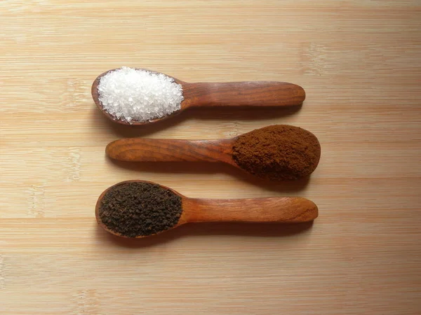 Zucchero Raffinato Comune Polvere Caffè Istantaneo Foglie Secco Cucchiaio Legno — Foto Stock