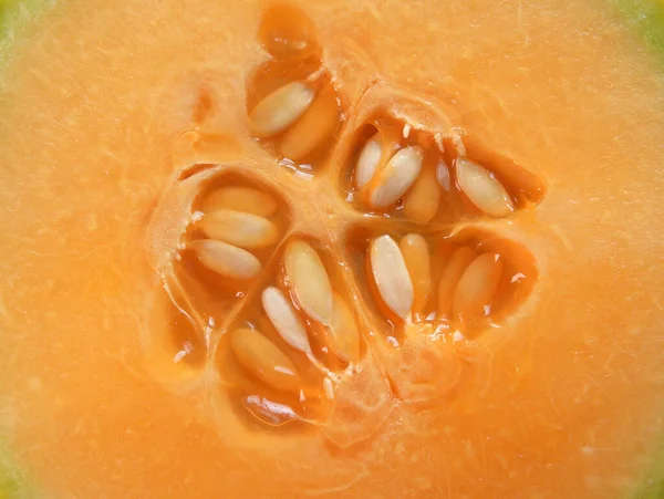 Oranje Kleur Gesneden Dwarsdoorsnede Rijp Netted Muskmelon Detail — Stockfoto