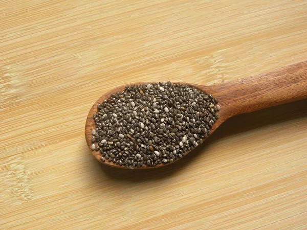 White Black Color Raw Chia Seeds Salvia Hispanica Wooden Spoon — Stock Photo, Image