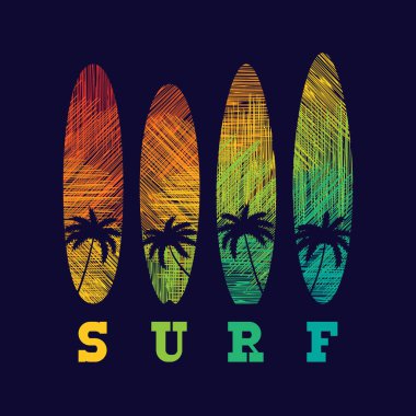 Sörf tipografi poster. Baskı üretimi için kavram. T-shirt moda tasarım. Kartpostal, afiş, el ilanı için şablon.