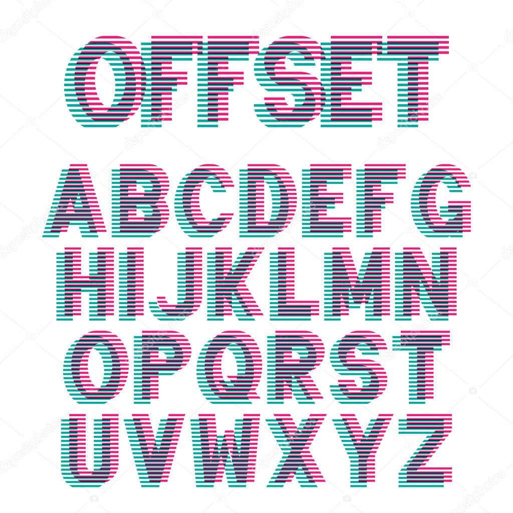 Decorative alphabet letters with Offset Printing effect. Vector font design.