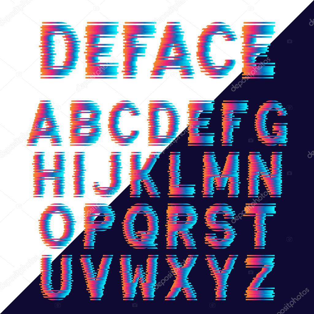 Decorative alphabet letters with electronic glitch effect. Vector font design.