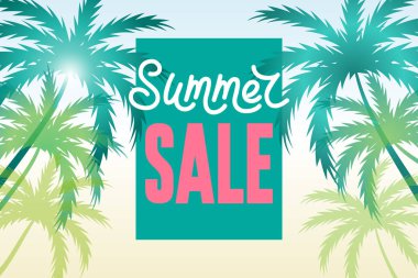 Avuç içi ve satış metni ile yaz satışı afiş. Tropikal arka plan, tasarım şablonu. Büyük indirim.