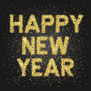 Siyah arka planda altın parıltılı metni olan mutlu yeni yıl afişleri. Broşürler, kartpostallar, posterler, afişler ve sosyal medya.