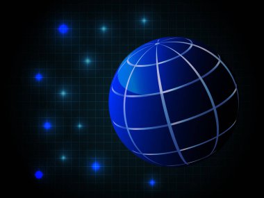 Koyu mavi geometrik arkaplan üzerinde parlak noktalar ve küresel bir coğrafi arkaplan..