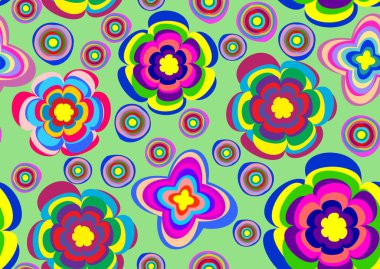 Yeşil zemin üzerinde kusursuz çiçek deseni ve daireler. Vektör grafiği.