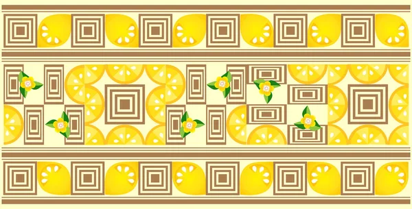 Ozdobný Ovocný Vzor Citronu Jeho Plátky Listy Květy Geometrické Tvary — Stockový vektor