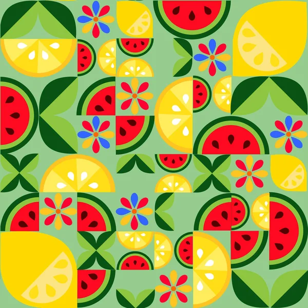 Seamless Fruit Pattern Lemon Slices Watermelon Flowers Light Green Background — Stock Vector