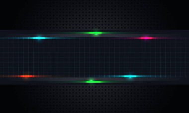 Geometrik şekillerin arka plan deseni. Kağıdın dokusuna sahip desen eşit olarak küçük siyah dişli noktalarla dolu, parlak röfleler ve karelerle yatay bir ekleme. Siyah arkaplanda vektör grafikleri. 