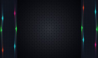 Geometrik şekillerin şık arka plan deseni. Kağıdın dokusuna sahip desen eşit olarak küçük siyah tırtıklı noktalarla, parlak röfleli ve kareli dikey eklerle doludur. Siyah arkaplanda vektör grafikleri.