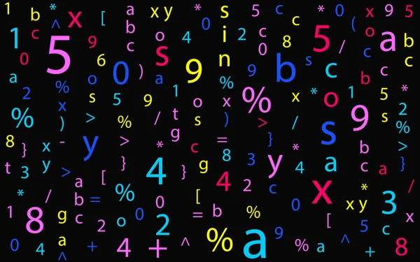 Segni Matematici Astratti Colore Brillante Algebra Geometria Sfondo Nero Modello — Vettoriale Stock