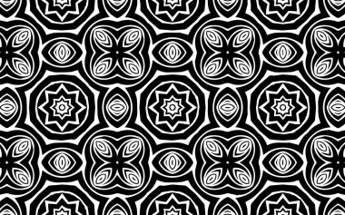 Siyah ve beyaz soyut etnik geometrik desenli arka plan, egzotik Afrika, Meksika, Yerli Amerikan ve geometrik şekilli doğulu baskı tarzı. Duvar kağıtları, tekstil, boyama kitapları, marka kitapları için tasarım ve dekorasyon için vektör grafikleri.