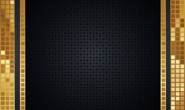 Geometrik şekillerin orijinal arkaplan deseni. Kağıdın dokusuna sahip desen küçük siyah dişli noktalarla ve dikey olarak altın karelerle doludur. Siyah arkaplanda vektör grafikleri.