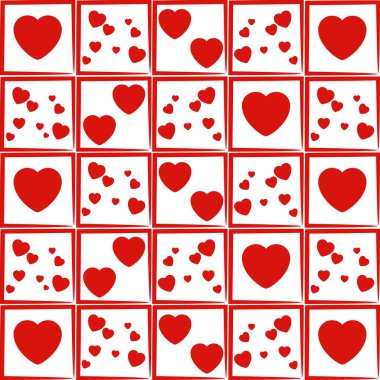Kırmızı kalpli dikdörtgenlerden soyut geometrik arkaplan. Vektör grafiği.