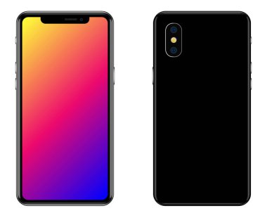 Önde ve arkada beyaz bir cep telefonu var. Vektör grafikleri.