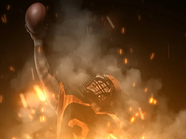 American football player on dark background in smoke and sparks in black and orange outfit.