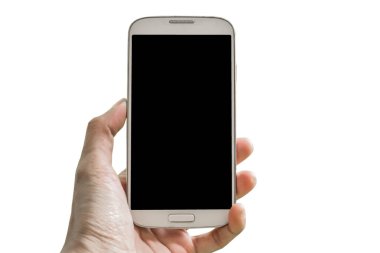 El ele tutuşan mobil model alanı izole edilmiş beyaz arkaplan