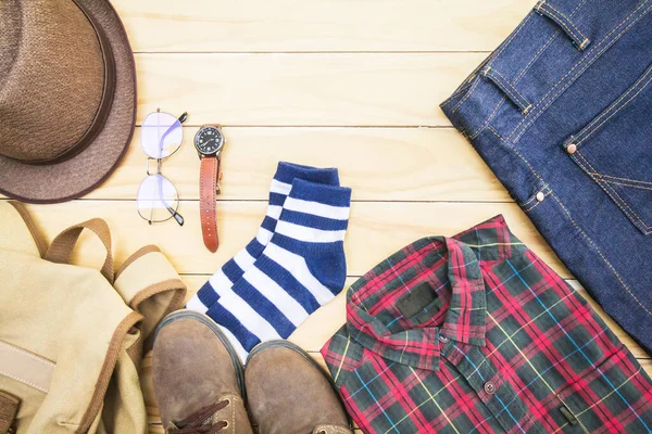 Vestuário Vestuário Para Homens Fundo Madeira — Fotografia de Stock