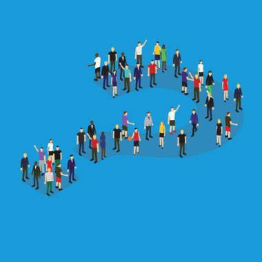 Soru işareti oluşturan bir grup insan.