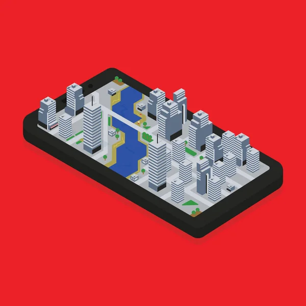 Città Sporgente Uno Smartphone Illustrazione Concetto Mappa — Vettoriale Stock
