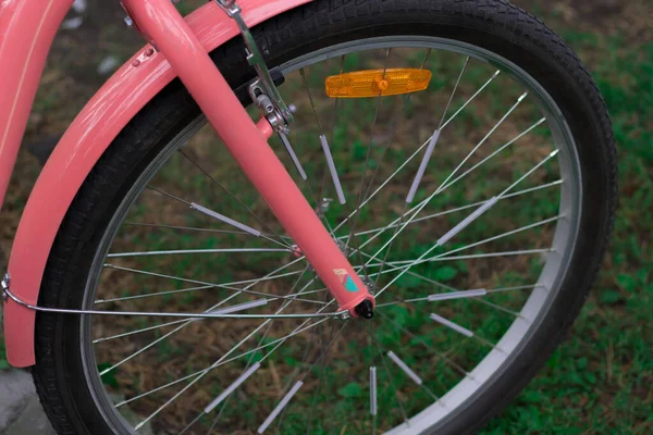 ピンクの女性用自転車の車輪緑の草を背景に スピーカーの反射板 ヴィンテージ スポーツ — ストック写真