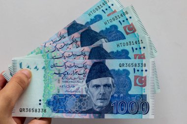 Pakistan 1000 Nota 'sı elinde, beyaz arka planda izole edilmiş.