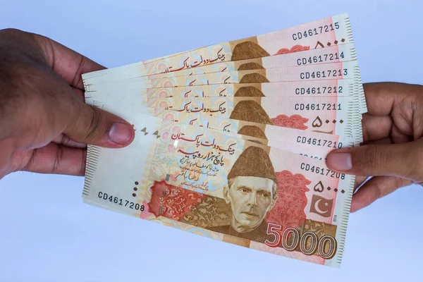 Pakistan 5000 Note elinde, beyaz arka planda izole edilmiş.