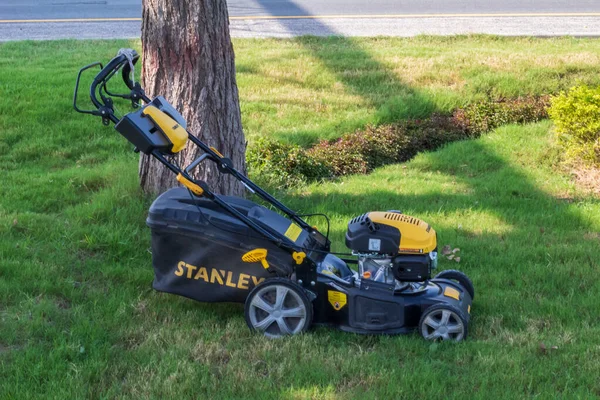 Bir çim biçme makinesi yemyeşil bir çimenlikte