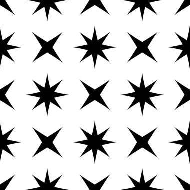 Çapraz ve yıldızlı soyut geometrik kusursuz desen. Basit siyah beyaz arkaplan. Vektör çizimi. Tek renkli klasik tasarım.