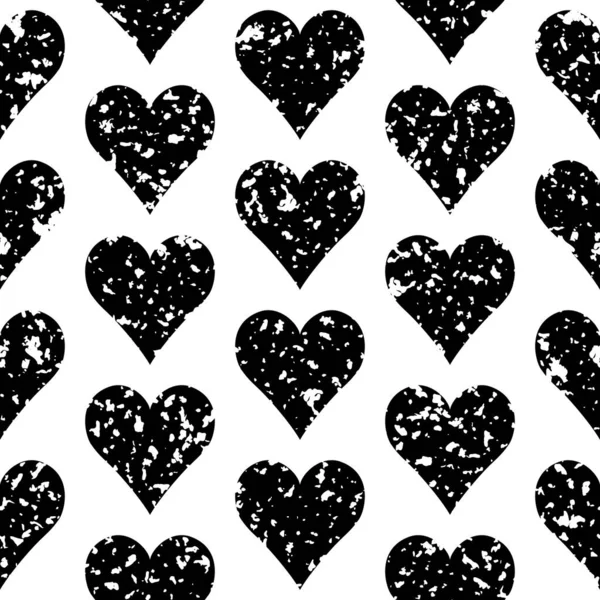 Abstract Grunge Naadloos Patroon Met Gevlekte Harten Eenvoudige Zwart Wit — Stockvector