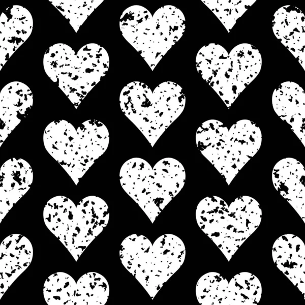 Abstract Grunge Naadloos Patroon Met Gevlekte Harten Eenvoudige Zwart Wit — Stockvector