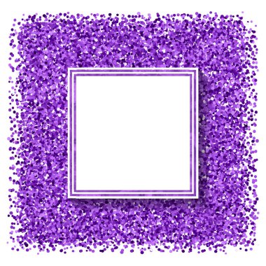 Mor konfetili soyut modern poster, simli çerçeve ve metin için alan. Vektör çizimi. Parlak kapak. Bayram bayrağı.